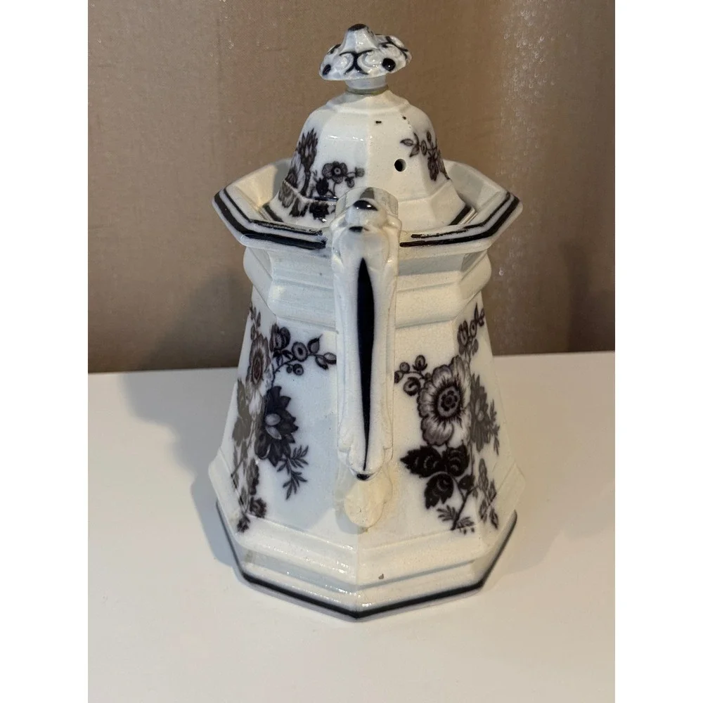 Antique Flow Blue Octagonal Ironstone Teapot Floral Cobalt White‎ Victorian